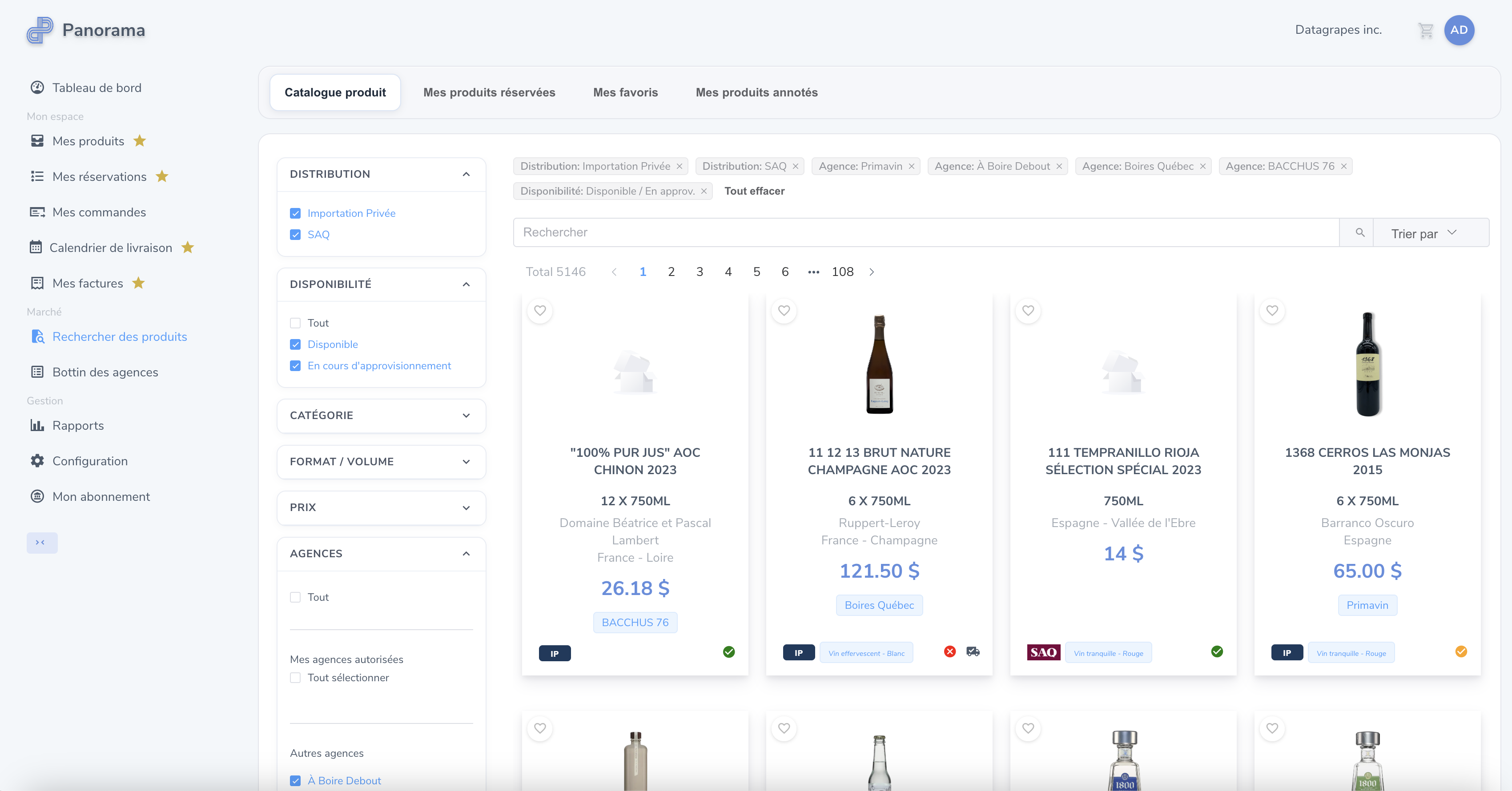 Aperçu de l'interface Panorama : recherche du catalogue produits, filtres par distribution, disponibilité, catégorie et agences.